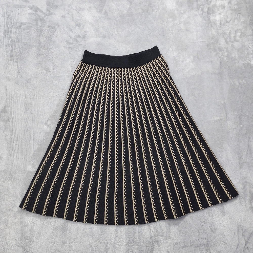 Lark + Grey Skirt Womens M Black Gold Striped Pleated Pull‎ On Stretch Metallic